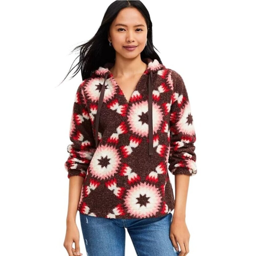 Loft Sunburst‎ Sherpa Hoodie Pullover Fleece Sunburst Pattern Boho Size XS
